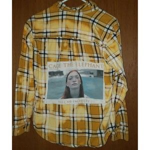 Womens Upcycled Bleach Washed Yellow Flannel Band Tee Cage The Elephant